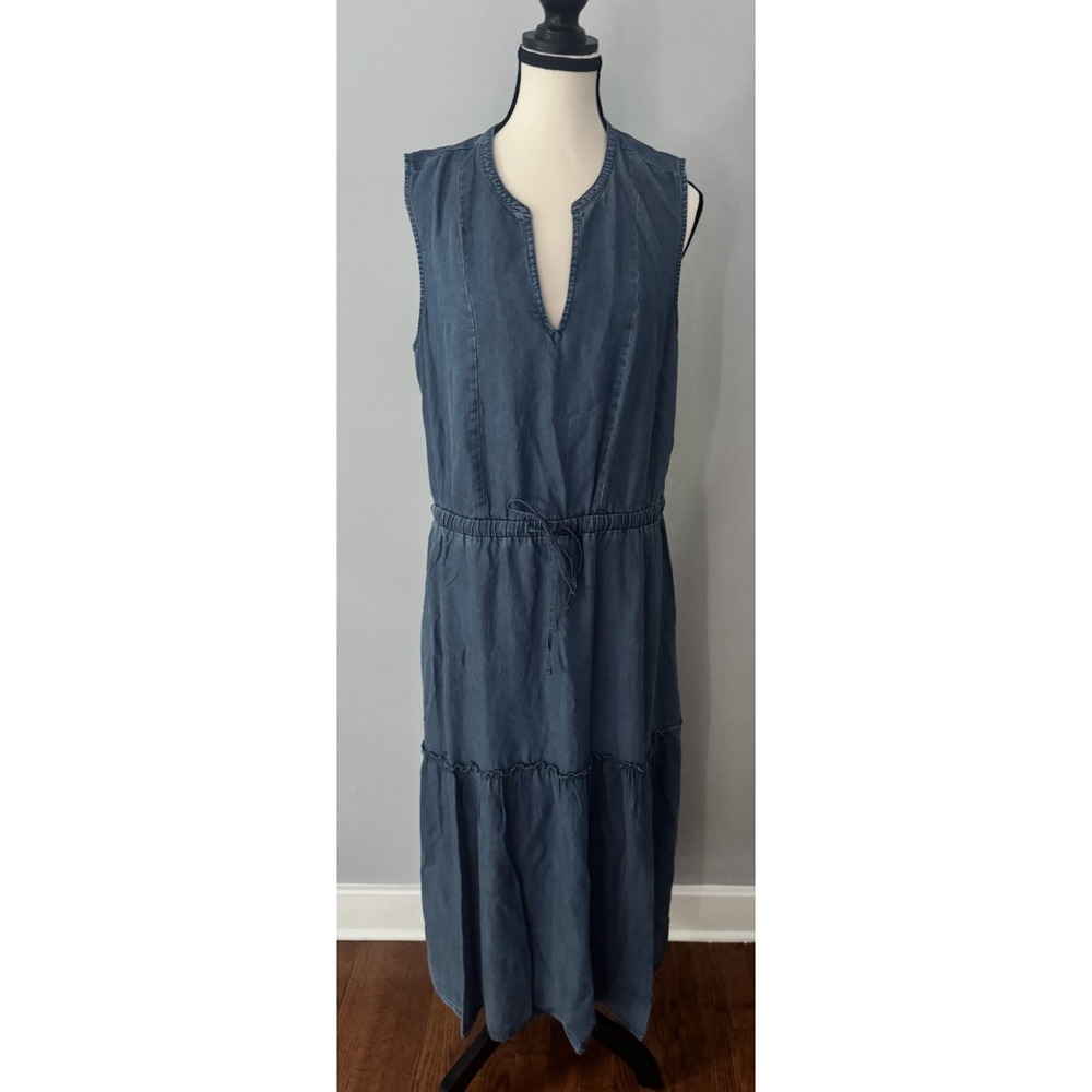 Lands' End Women's L Blue Denim Tencel Chambray Maxi Dress Sleeveless Tiered